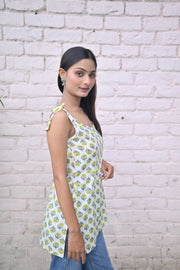 Summer Vibes White slaveless Spaghetti Top with Yellow flower like petals